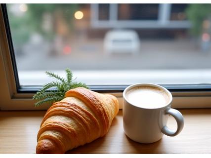 창가에 놓인 갓 구운 빵과 커피잔