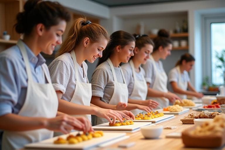 활기찬 분위기에서 빵을 만들고 있는 베이킹 클래스 수강생들